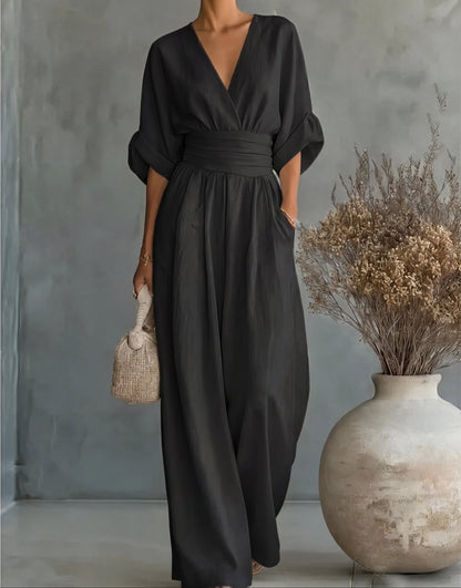 Mono elegante de escote en V y pierna ancha
