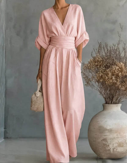 Mono elegante de escote en V y pierna ancha
